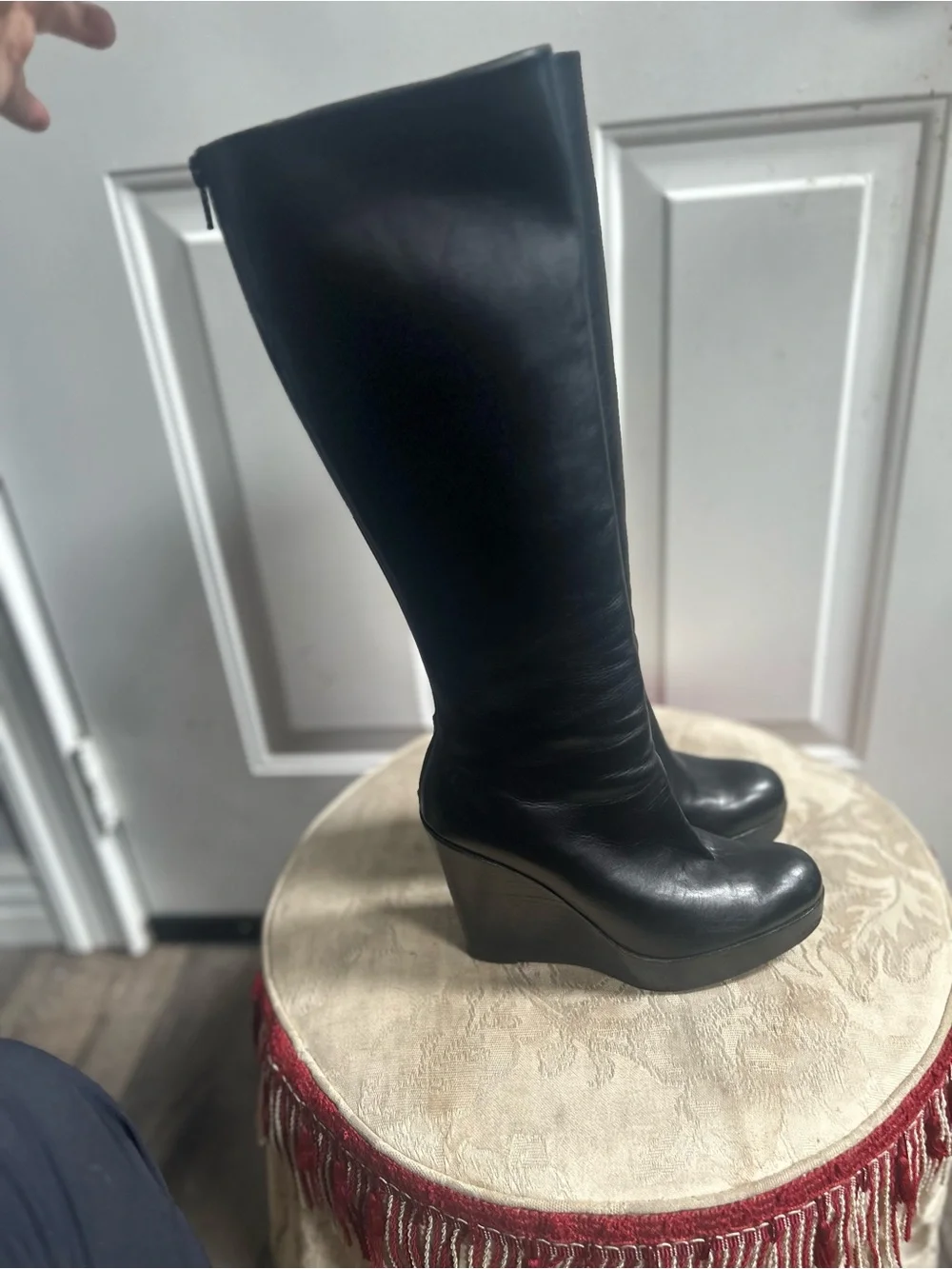 Christian Loubotin Black Tall Smooth chunky wedge platform Leather boots Sz 38